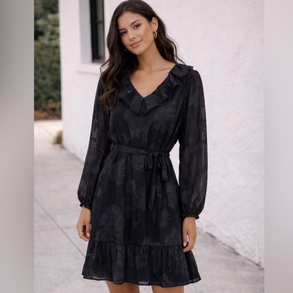 Joie Black Burnout Floral Ruffle Mini Dress Long Sleeve Tie Waist L NWT